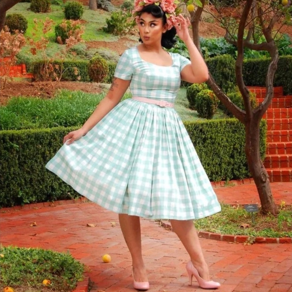NEW 2X Sateen PINUP COUTURE GIRL CLOTHING GENA SAGE GINGHAM swing dress PLUS 2XL